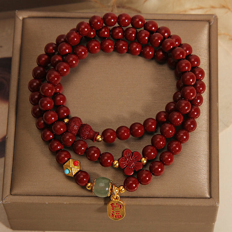 Cinnabar Triple Wrap Blessing Bracelet with Fu Character