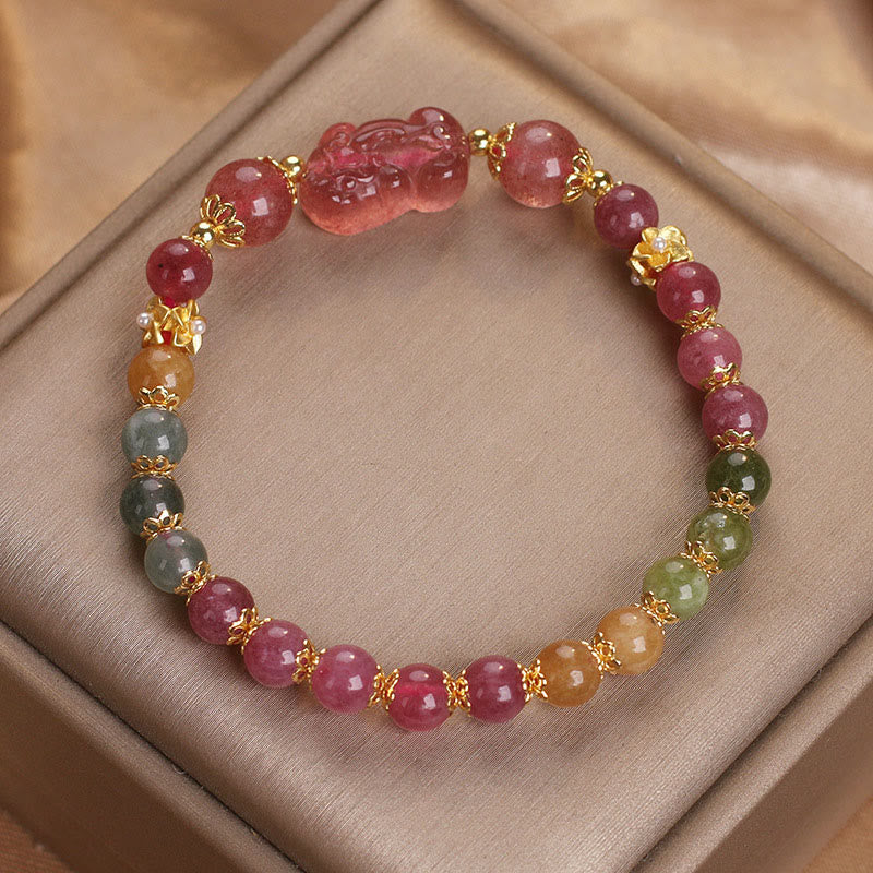 Pixiu Bracelet with Tourmaline and Strawberry Quartz for Love
