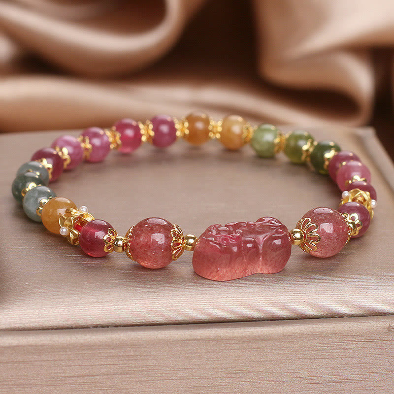 Pixiu Bracelet with Tourmaline and Strawberry Quartz for Love