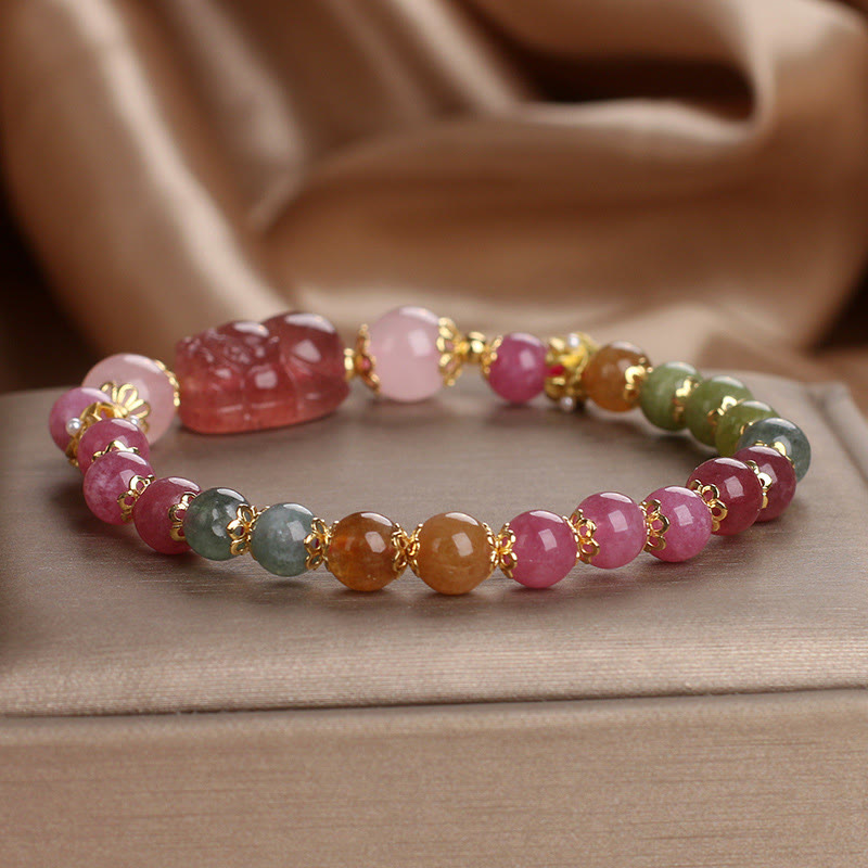 Pixiu Bracelet with Tourmaline and Strawberry Quartz for Love