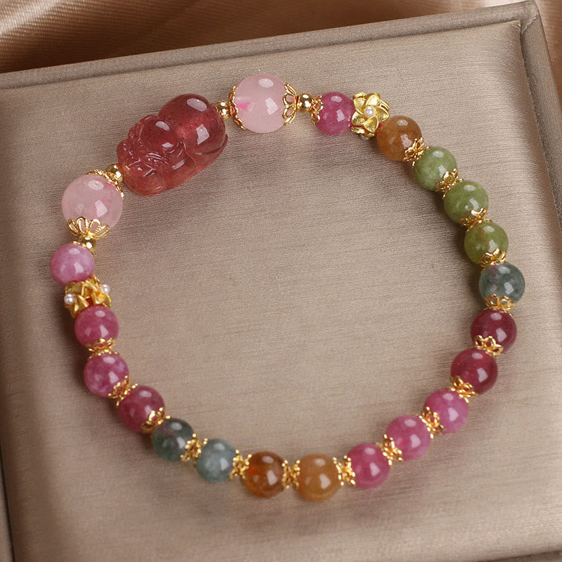 Pixiu Bracelet with Tourmaline and Strawberry Quartz for Love