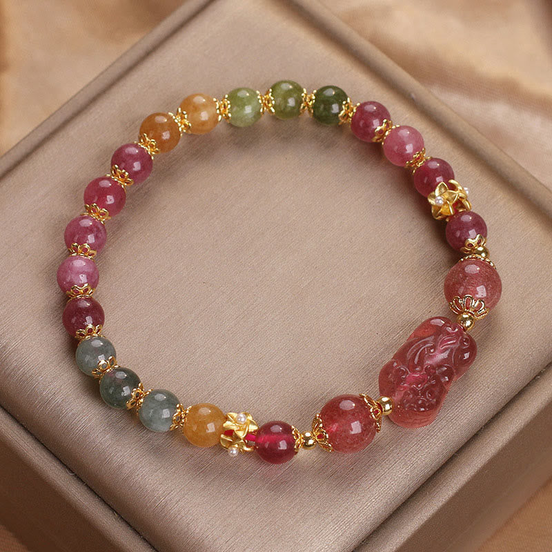 Pixiu Bracelet with Tourmaline and Strawberry Quartz for Love