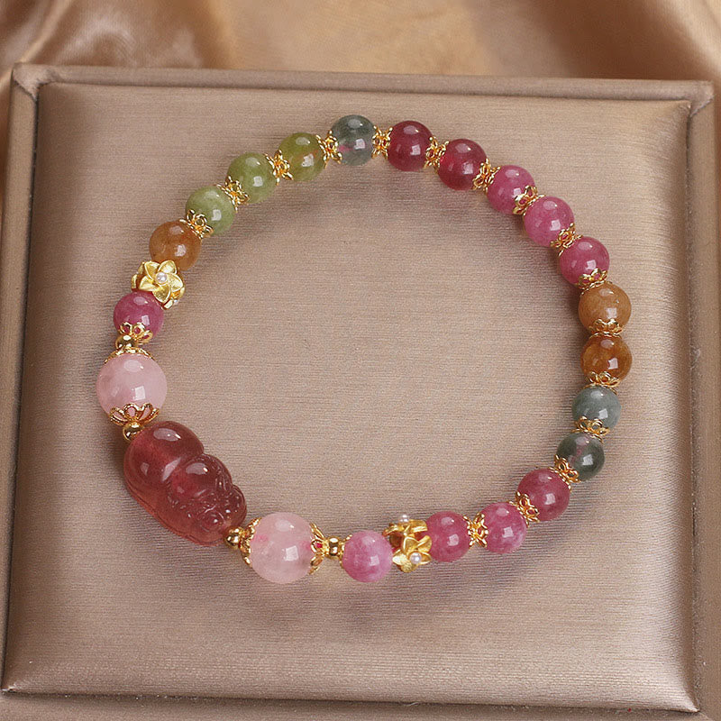 Pixiu Bracelet with Tourmaline and Strawberry Quartz for Love