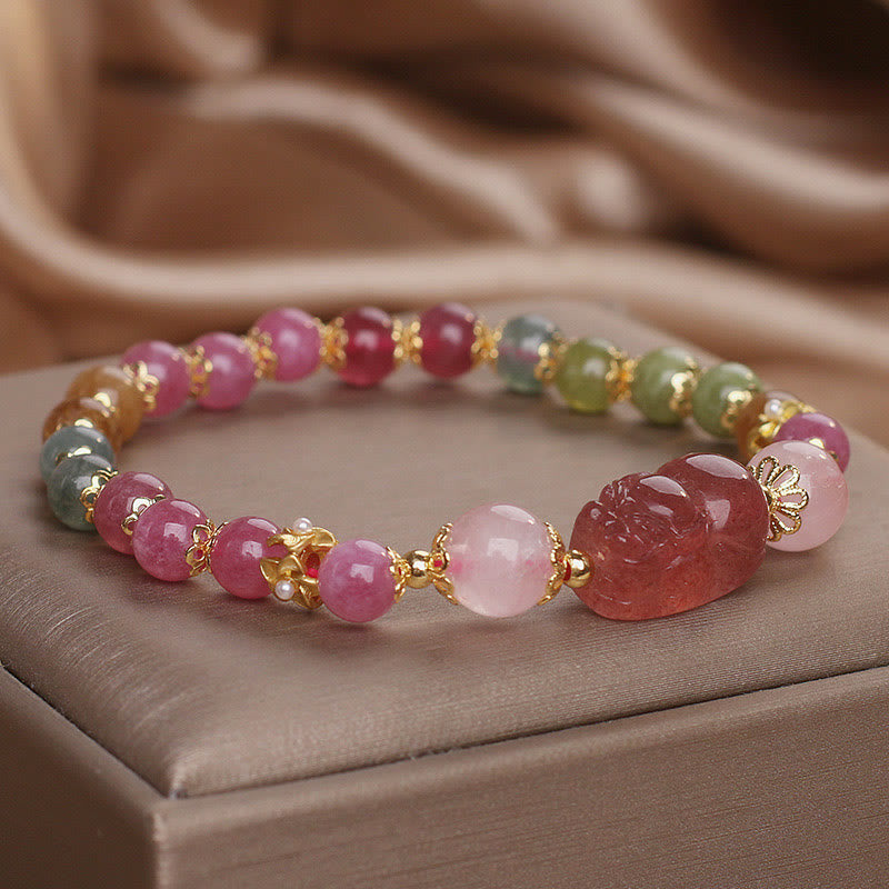 Pixiu Bracelet with Tourmaline and Strawberry Quartz for Love