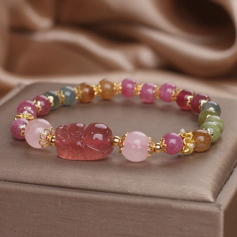 Pixiu Bracelet with Tourmaline and Strawberry Quartz for Love