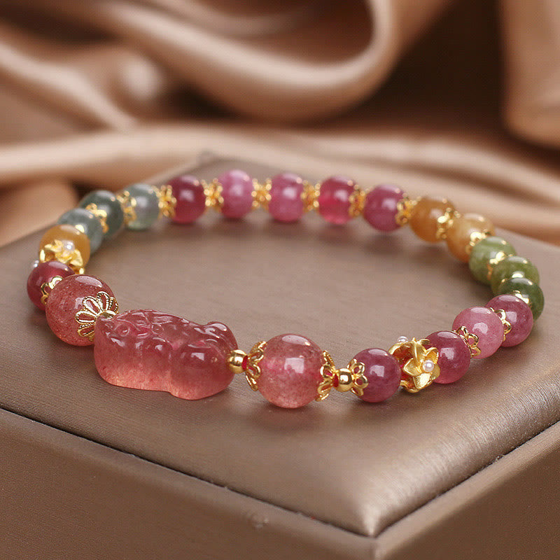 Pixiu Bracelet with Tourmaline and Strawberry Quartz for Love