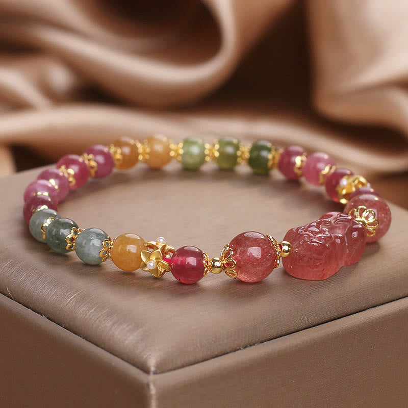 Pixiu Bracelet with Tourmaline and Strawberry Quartz for Love