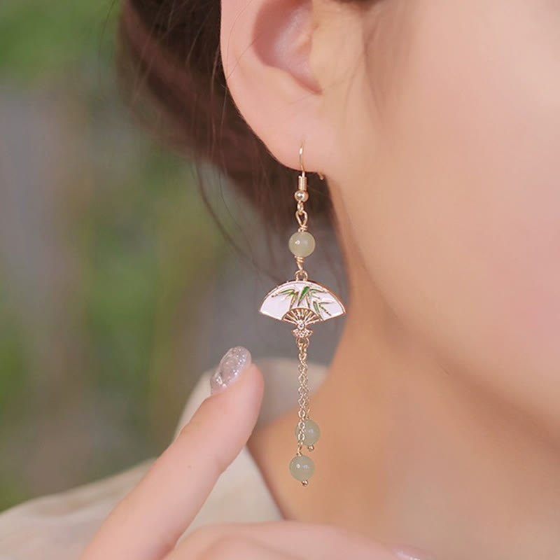 14K Gold Filled Copper Jade Fan Bamboo Earrings for Abundance