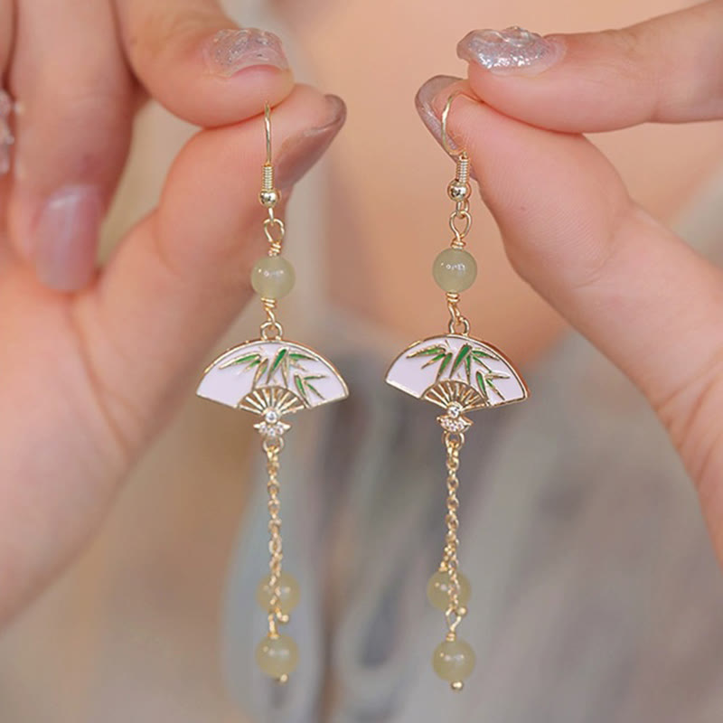 14K Gold Filled Copper Jade Fan Bamboo Earrings for Abundance