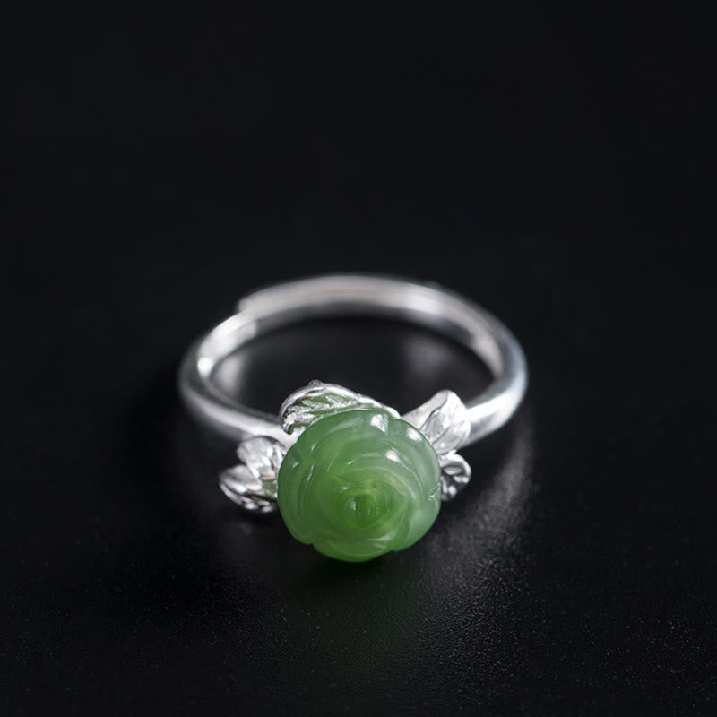 Bague ajustable en argent sterling 925 avec jade vert et rose pour la chance