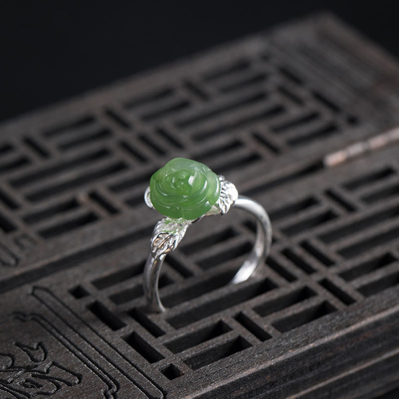 Bague ajustable en argent sterling 925 avec jade vert et rose pour la chance