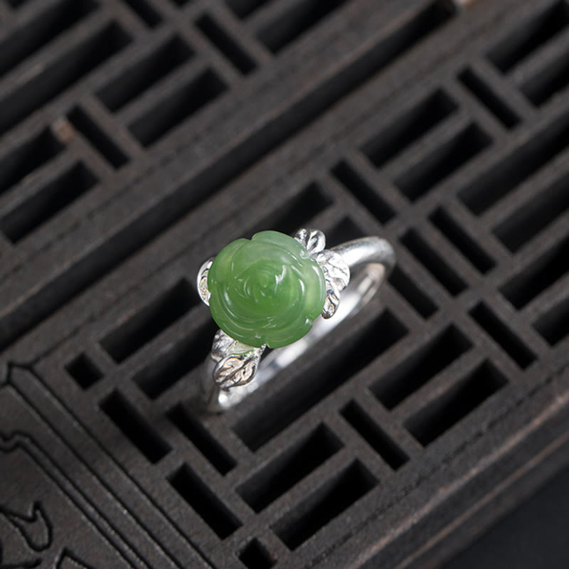 Bague ajustable en argent sterling 925 avec jade vert et rose pour la chance