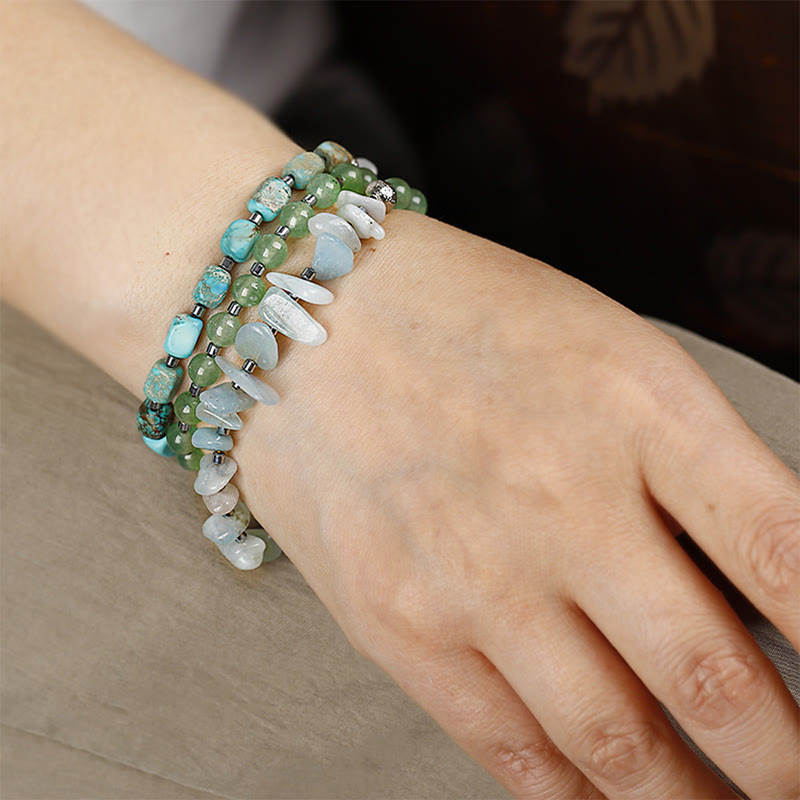 Triple Wrap Green Aventurine Bracelet with Aquamarine and Emperor Stone for Happiness