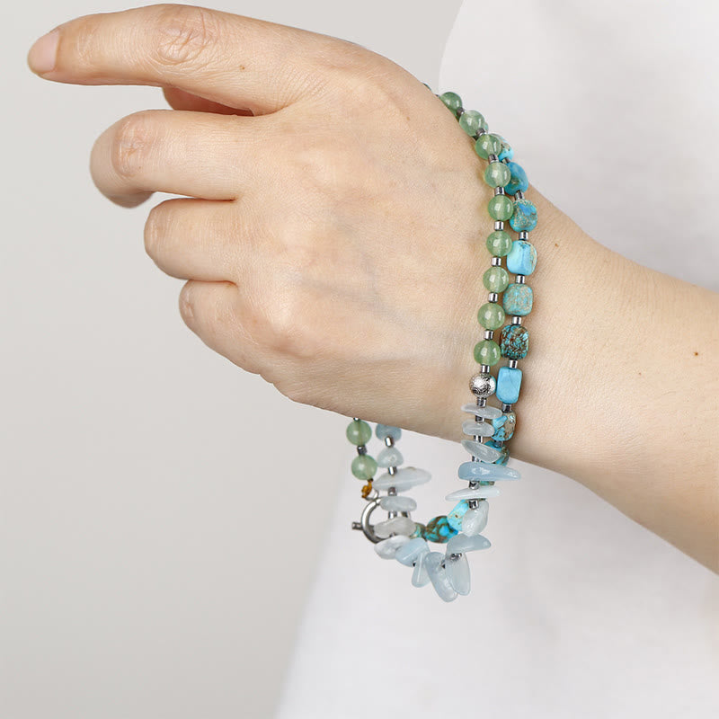 Triple Wrap Green Aventurine Bracelet with Aquamarine and Emperor Stone for Happiness