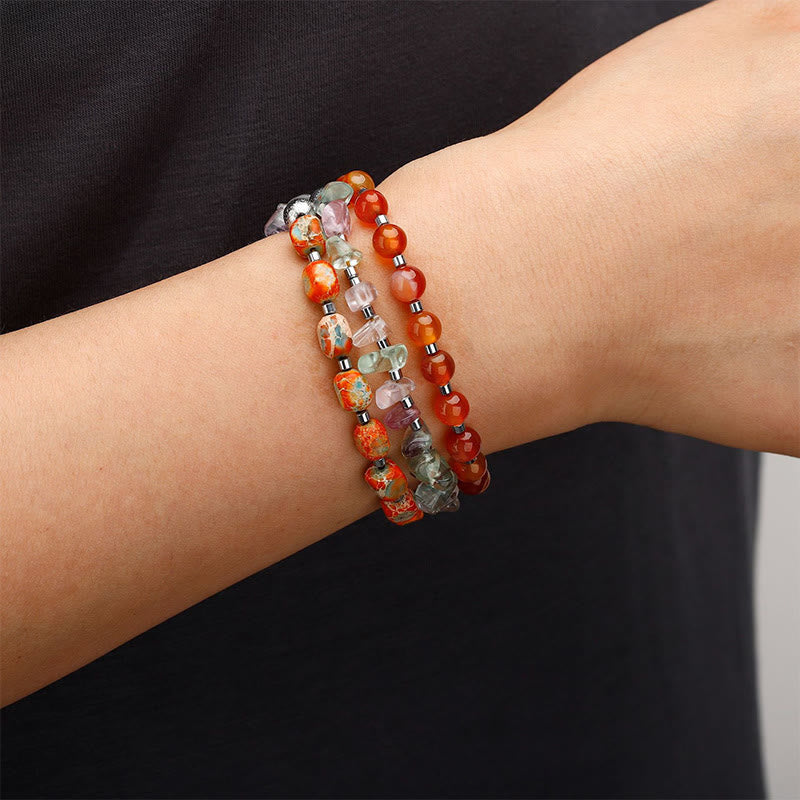 Bracelet triple tour en fluorite et agate rouge empereur