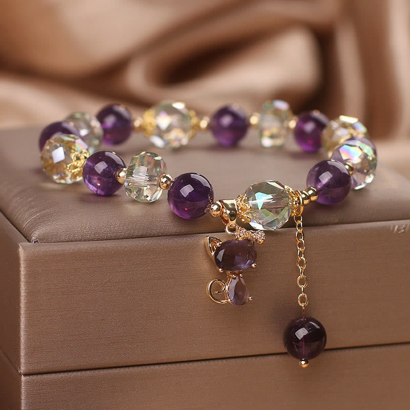 Amethyst White Crystal Meditation Bracelet with Fox Charm