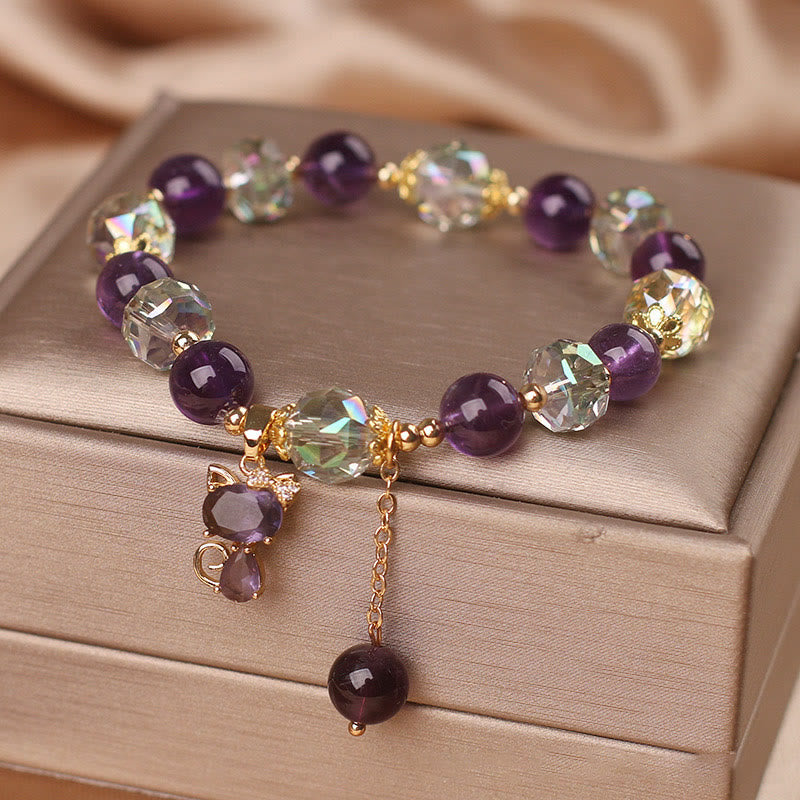 Amethyst White Crystal Meditation Bracelet with Fox Charm