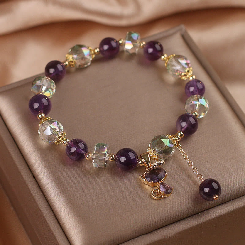 Amethyst White Crystal Meditation Bracelet with Fox Charm