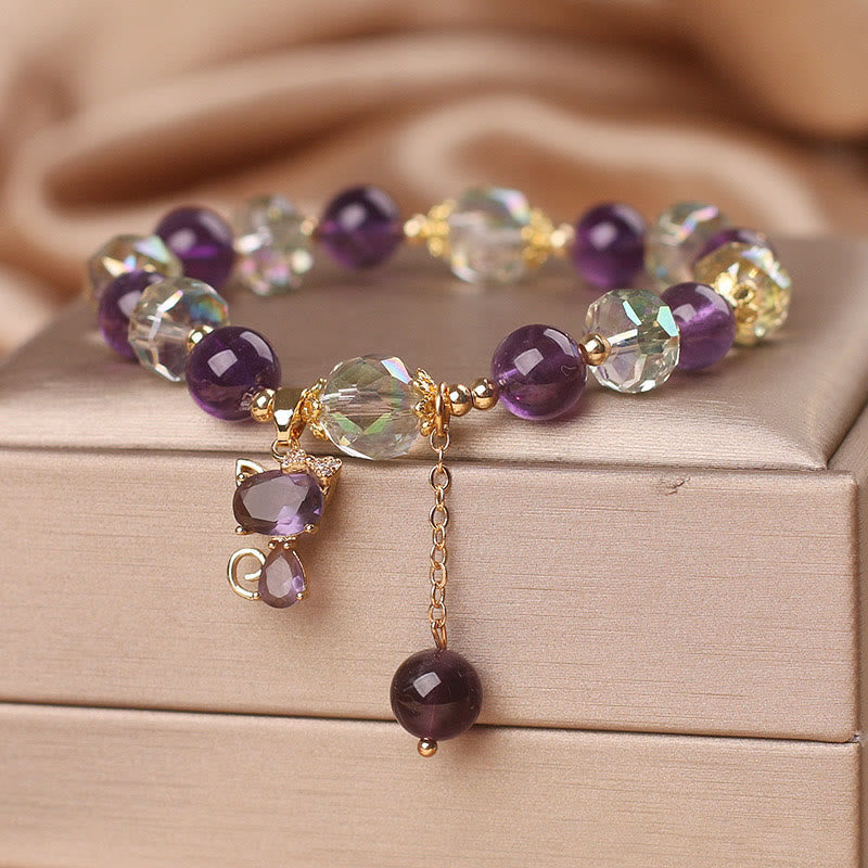 Amethyst White Crystal Meditation Bracelet with Fox Charm