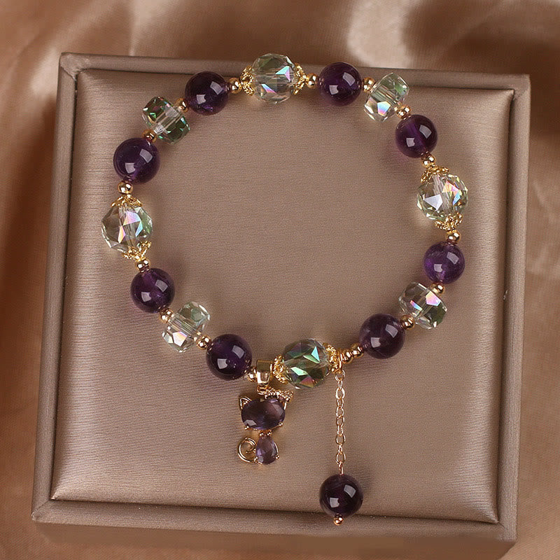 Amethyst White Crystal Meditation Bracelet with Fox Charm