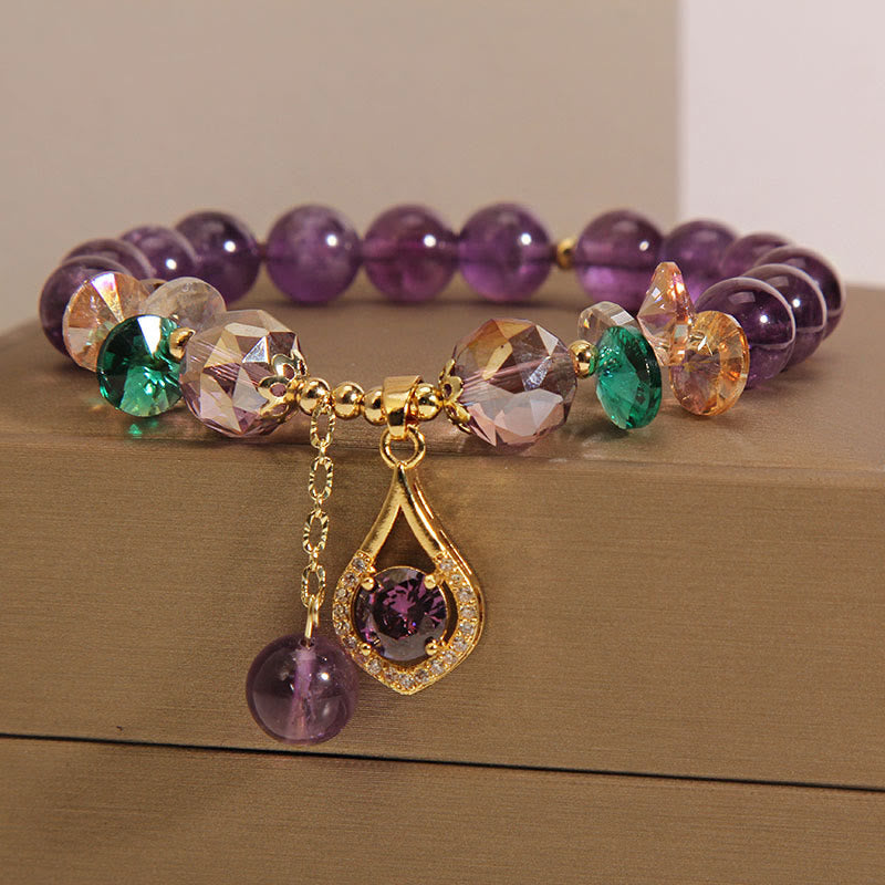 Unisex Amethyst Spiritual Awareness Bracelet with Citrine & Green Crystal, Size 14-16cm