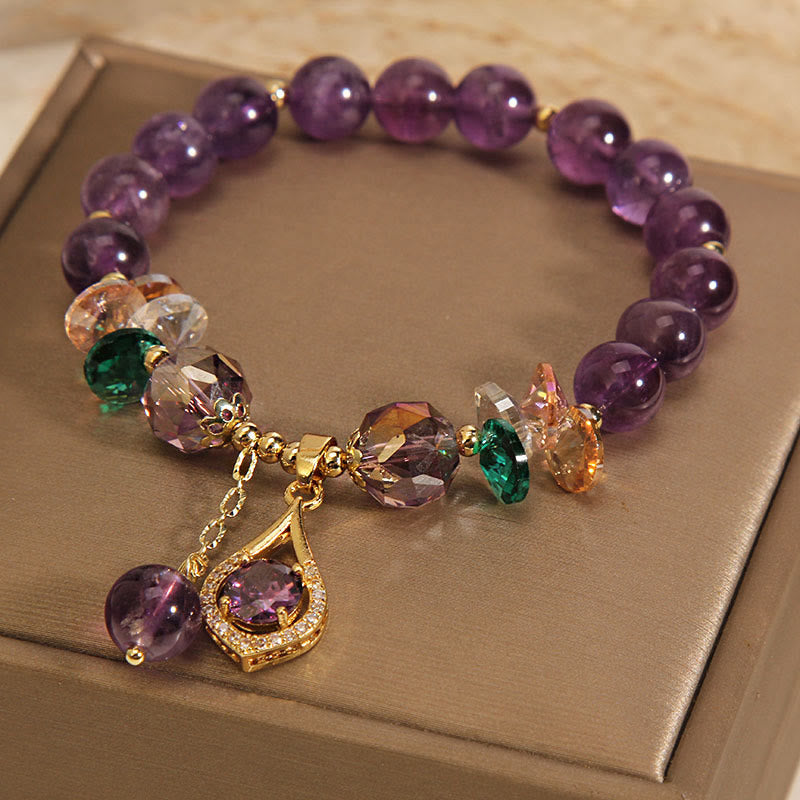 Unisex Amethyst Spiritual Awareness Bracelet with Citrine & Green Crystal, Size 14-16cm