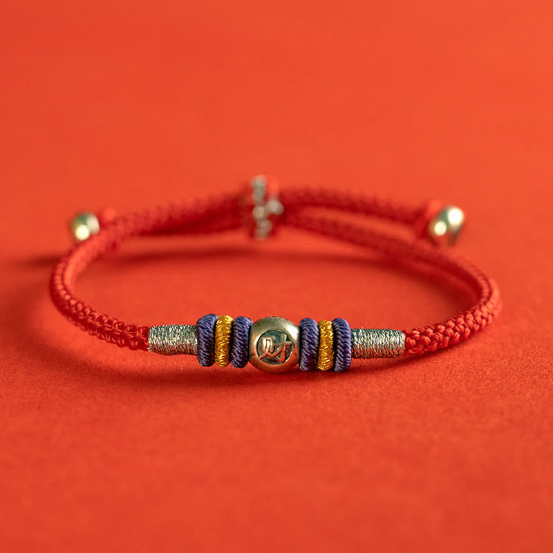 Sterling Silver Red String Protection Bracelet with Chinese Characters