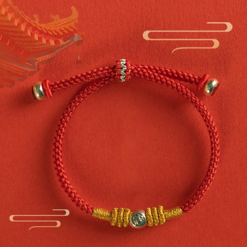 Sterling Silver Red String Protection Bracelet with Chinese Characters