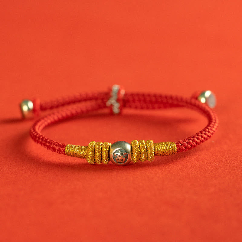 Sterling Silver Red String Protection Bracelet with Chinese Characters