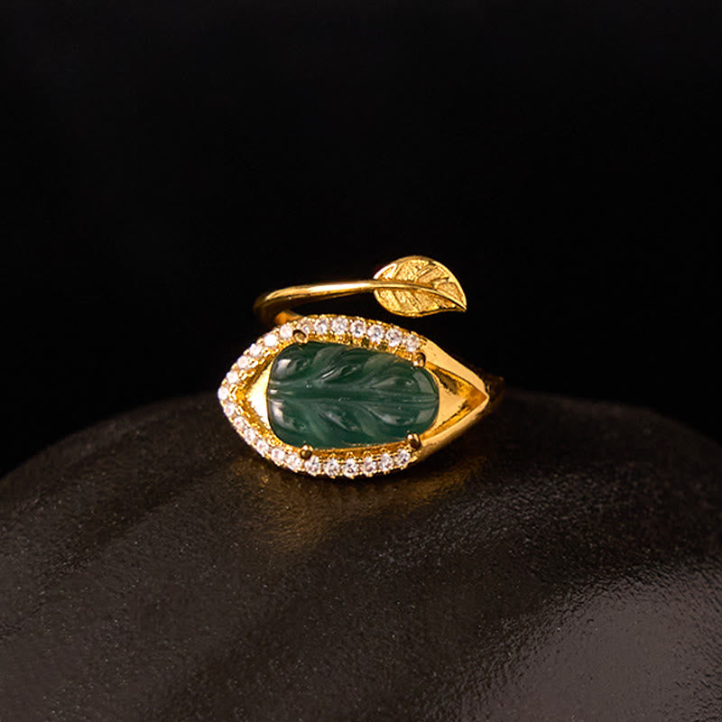 Adjustable Copper Gold Jade Leaf Ring for Prosperity