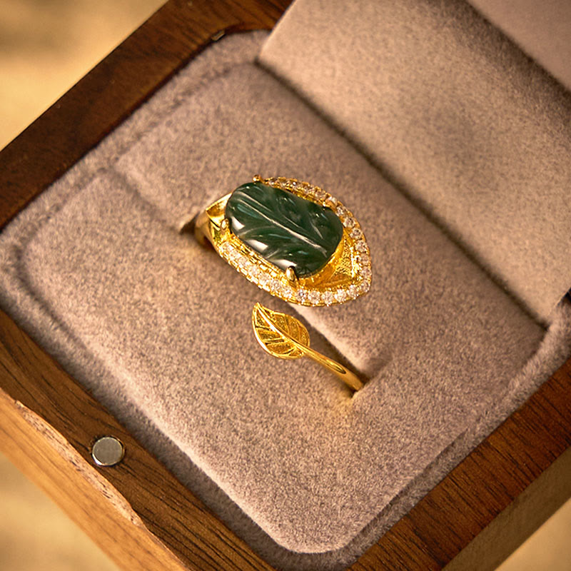 Adjustable Copper Gold Jade Leaf Ring for Prosperity