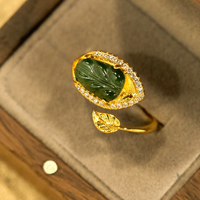 Adjustable Copper Gold Jade Leaf Ring for Prosperity