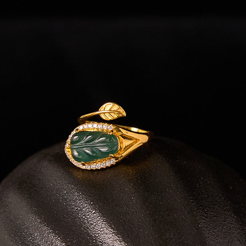 Adjustable Copper Gold Jade Leaf Ring for Prosperity