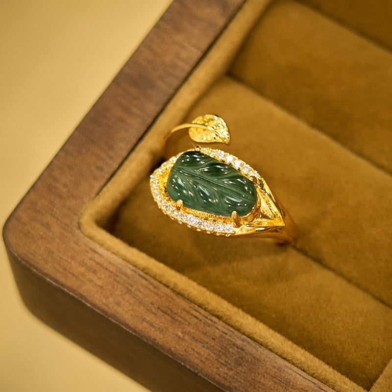 Adjustable Copper Gold Jade Leaf Ring for Prosperity