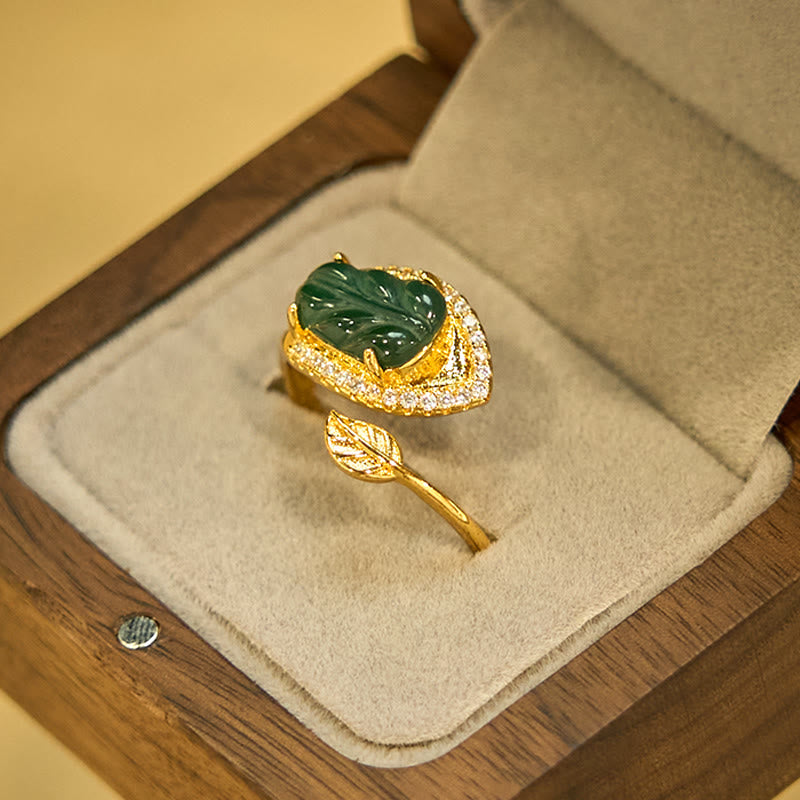 Adjustable Copper Gold Jade Leaf Ring for Prosperity