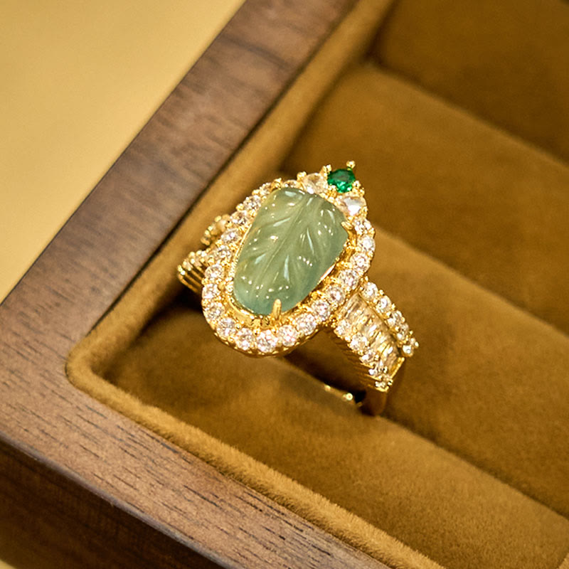 Adjustable Jade Leaf Ring Copper Gold Plated with Lucky Diamonds