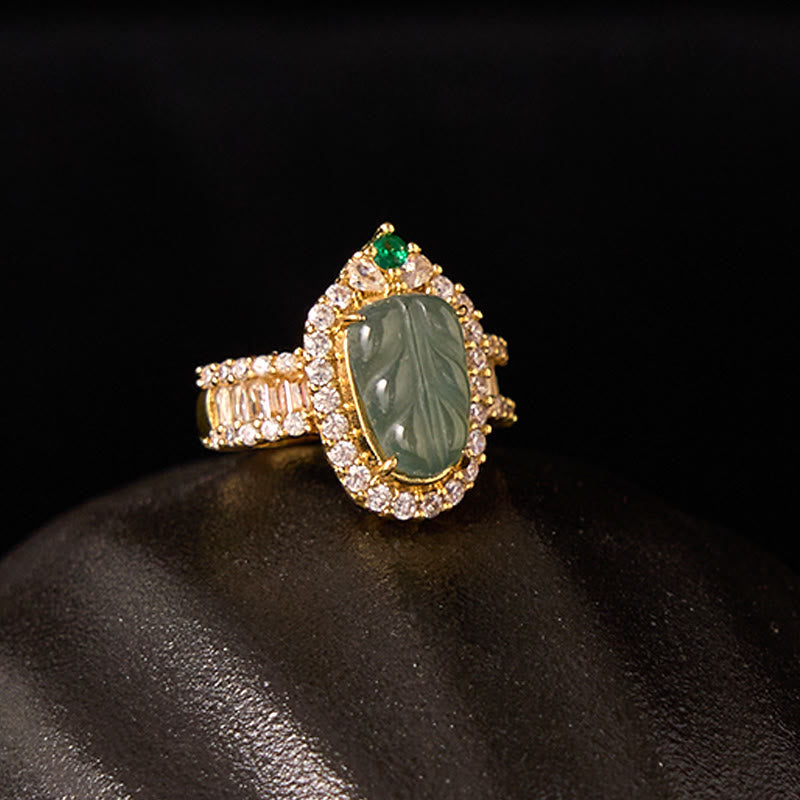 Adjustable Jade Leaf Ring Copper Gold Plated with Lucky Diamonds