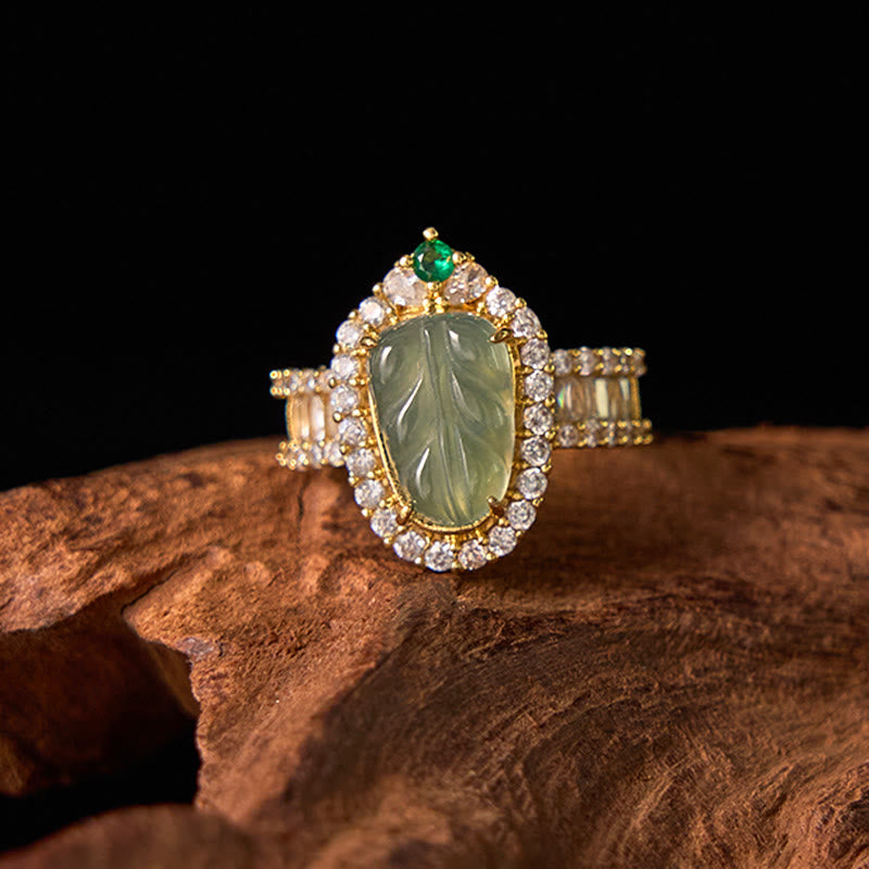 Adjustable Jade Leaf Ring Copper Gold Plated with Lucky Diamonds