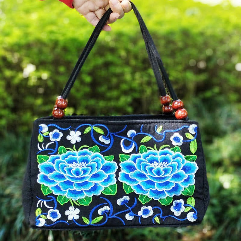 Peony Peacock Canvas Yoga Bag with Double-Sided Embroidery