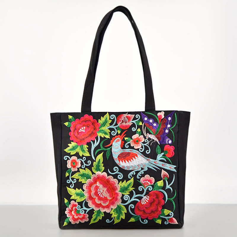 Magpie Embroidery Canvas Bag with Peony & Chrysanthemum Flowers