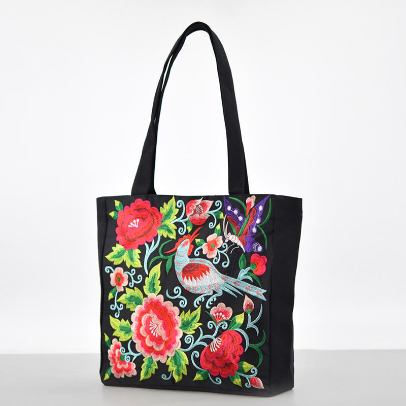 Magpie Embroidery Canvas Bag with Peony & Chrysanthemum Flowers