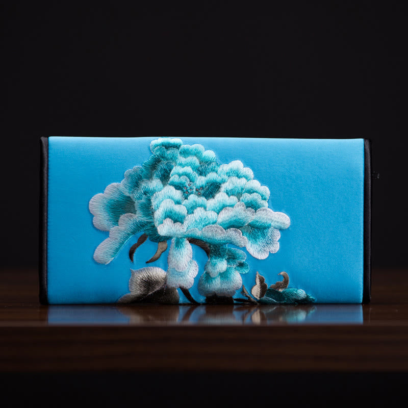 Peony Flower Embroidered Long Purse Handbag 20x10cm