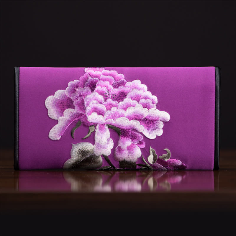 Peony Flower Embroidered Long Purse Handbag 20x10cm