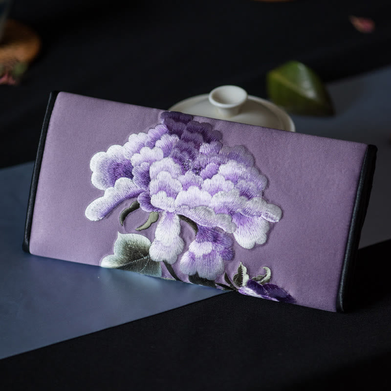 Peony Flower Embroidered Long Purse Handbag 20x10cm