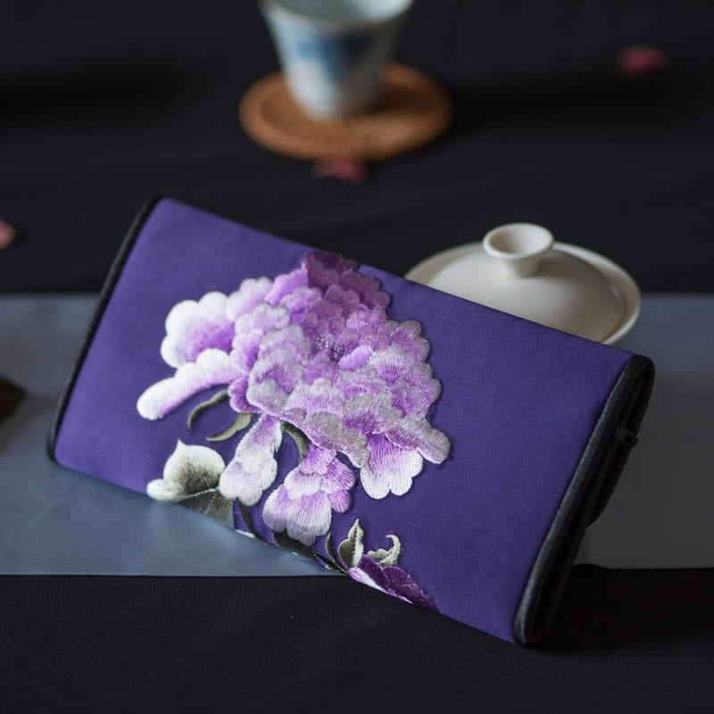Peony Flower Embroidered Long Purse Handbag 20x10cm
