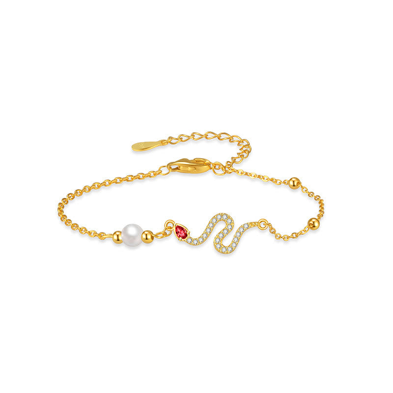 Sterling Silver Snake Pearl Lucky Bracelet