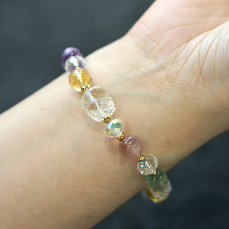 Unisex Pixiu Bracelet with White Crystal Citrine & Amethyst Gems