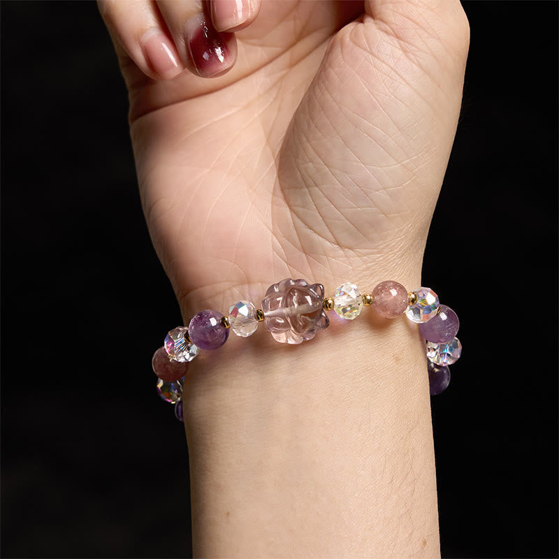 Bracelet de protection renard à neuf queues en cristal blanc et quartz fraise améthyste