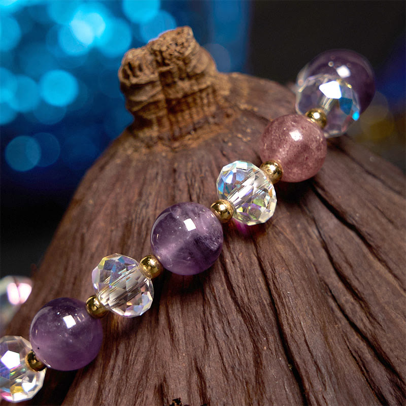 Bracelet de protection renard à neuf queues en cristal blanc et quartz fraise améthyste