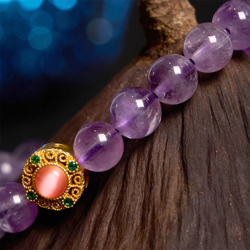 Bracelet de guérison en améthyste et fleur de pêcher de 8 mm